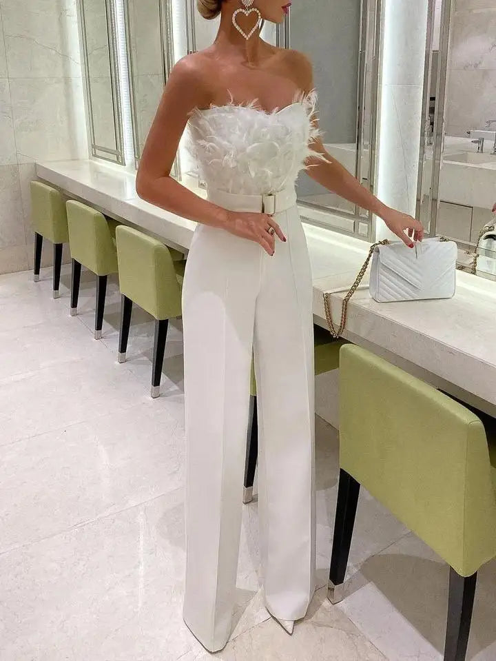 Jumpsuit for Women Fashion Solid Long Jumpsuit Sexy Feather Strapless Slash Neck Evening  Party Jumpsuits Elegant Lady Jumpsuit