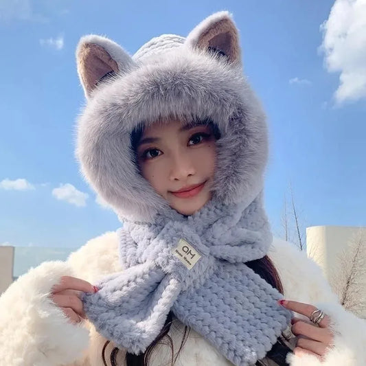 Fox Ear Hat Women's2024New Cute Plush Autumn and Winter Versatile Fashion Scarf One-Piece Hat