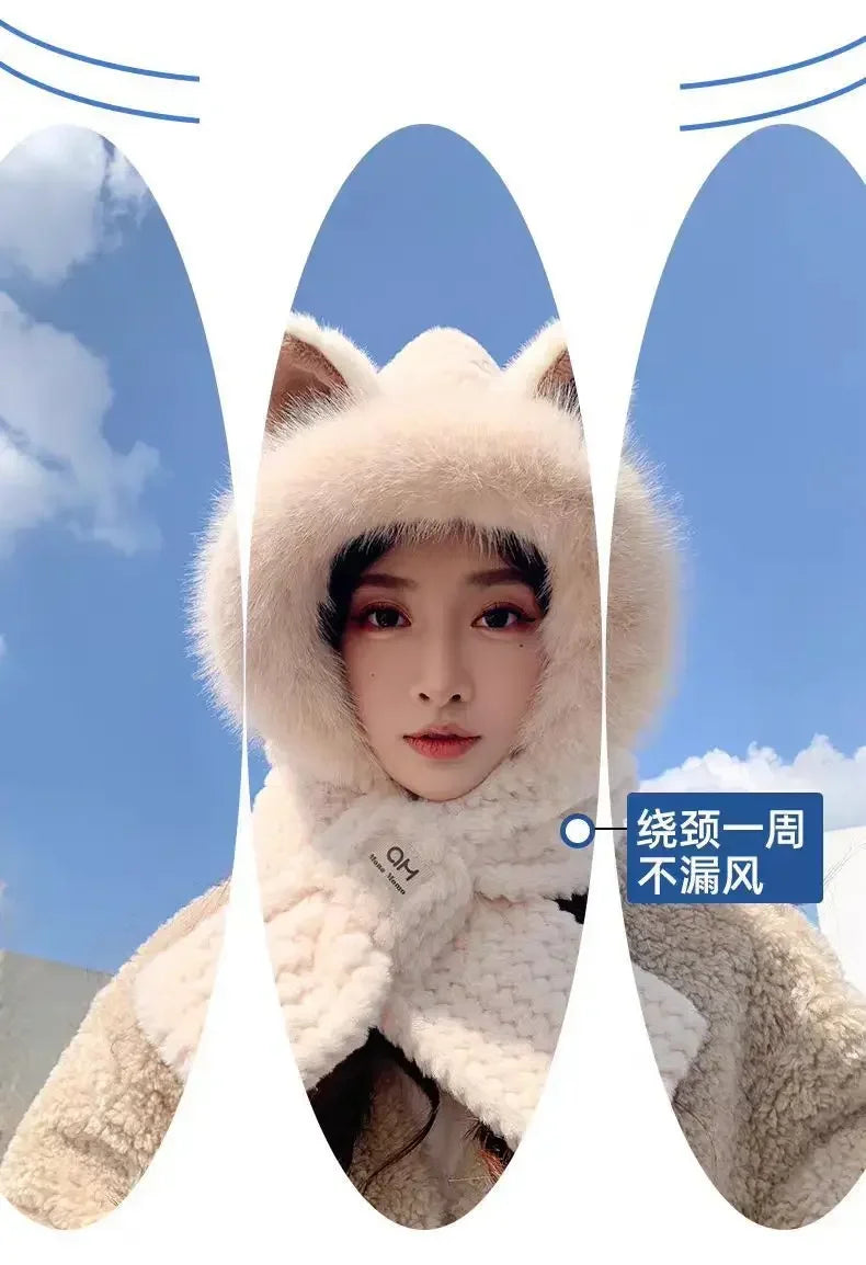 Fox Ear Hat Women's2024New Cute Plush Autumn and Winter Versatile Fashion Scarf One-Piece Hat