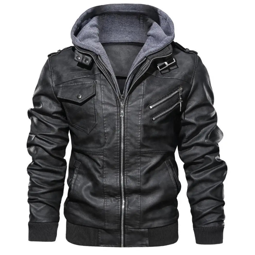 2024 Autumn and Winter Men's Fashion Zippered Slim-fit PU Leather Multi-color Hooded Jacket Coat in Europe and America.