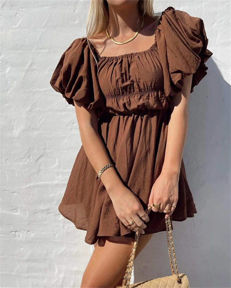 Women Casual Summer Dress Fashion Sexy Solid Color Elegant Short Puff Sleeve Off-shoulder Tunic Dress Brown/White