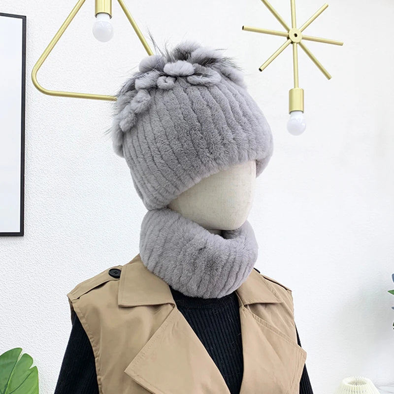 Fashion Lady Thick Rex Rabbit Fur Hat Winter Knitted 100% Natural Fur Hats Scarves Sets Women Warm Real Rex Rabbit Fur Scarves