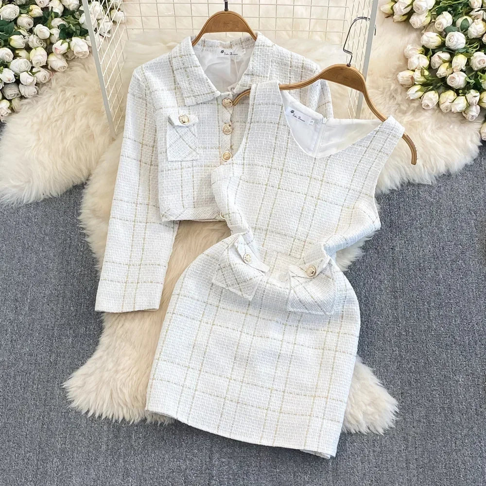 Early Autumn Y2K High-quality Cotton Two-piece Set for Women's Small Fragrant Style Jacket Waist Cinching Vest Hip Hugging Dress