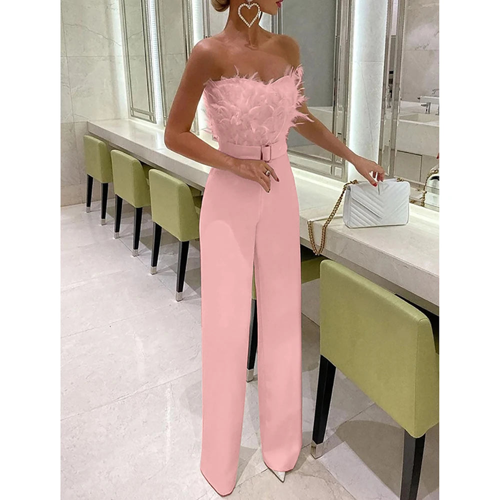 Jumpsuit for Women Fashion Solid Long Jumpsuit Sexy Feather Strapless Slash Neck Evening  Party Jumpsuits Elegant Lady Jumpsuit