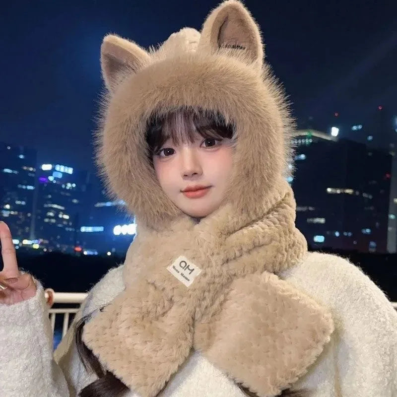 Fox Ear Hat Women's2024New Cute Plush Autumn and Winter Versatile Fashion Scarf One-Piece Hat