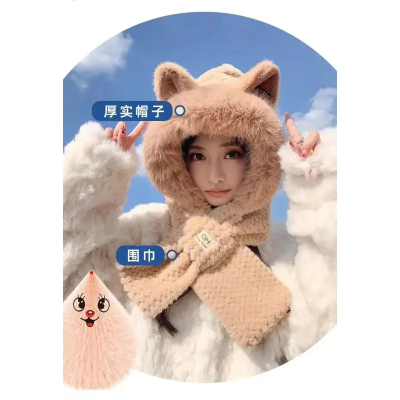 Fox Ear Hat Women's2024New Cute Plush Autumn and Winter Versatile Fashion Scarf One-Piece Hat