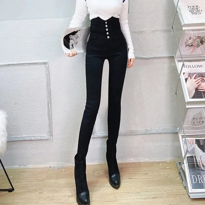 Beige Super High Waist Pencil Jeans Women Korean Slim Button Fly Stretch Denim Pants Design Legging Vaqueros Skinny Kot Pantolon