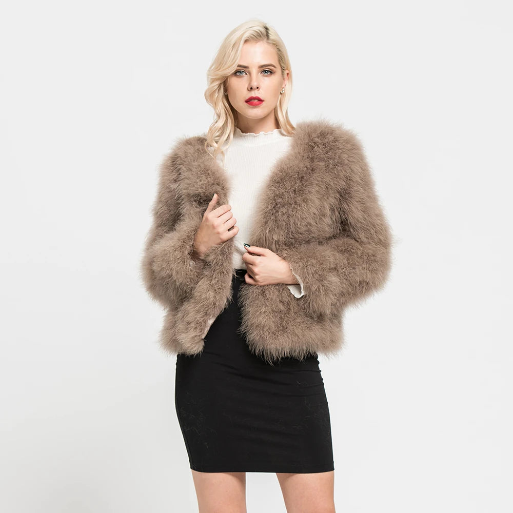 Real Ostrich Fur Feather Coat Short Jacket Furry Fluffy Party Long Sleeve Winter Women Coat Outerwear Plus Size Puffy Turkey Fur