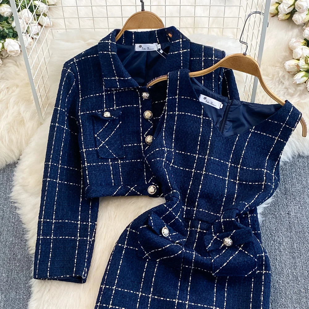 Early Autumn Y2K High-quality Cotton Two-piece Set for Women's Small Fragrant Style Jacket Waist Cinching Vest Hip Hugging Dress