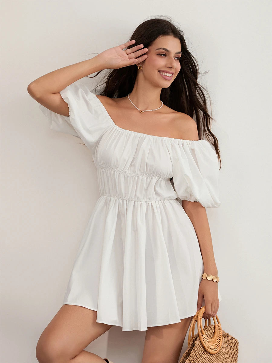 Women Casual Summer Dress Fashion Sexy Solid Color Elegant Short Puff Sleeve Off-shoulder Tunic Dress Brown/White