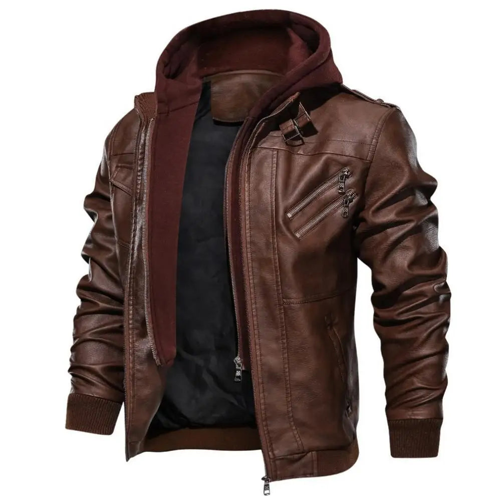 2024 Autumn and Winter Men's Fashion Zippered Slim-fit PU Leather Multi-color Hooded Jacket Coat in Europe and America.