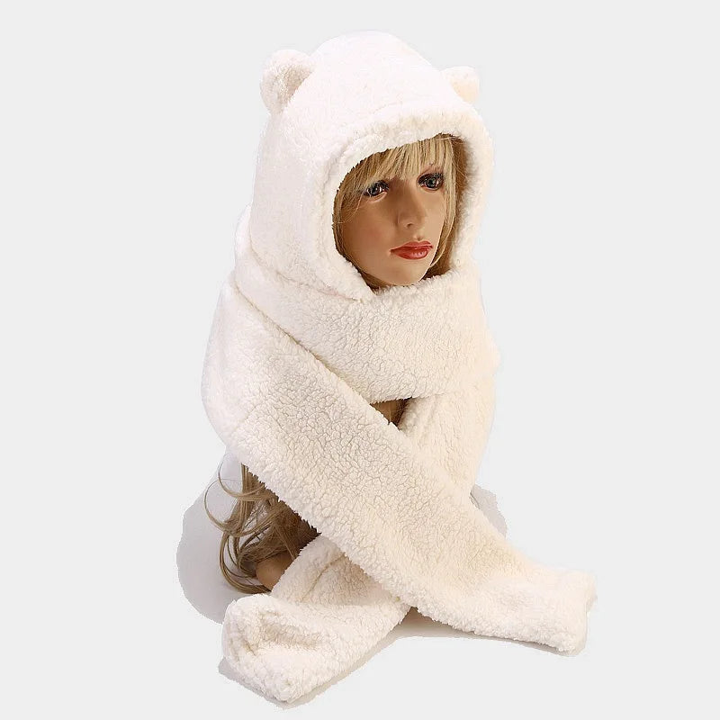 Bear Ears Warm Hat Scarf Sets Women Men Winter Lamb Wool Thick One-Piece Warm Beanies Outdoor Neck Protection Fleece Lining Suit