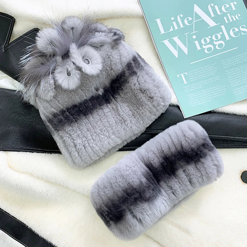 Fashion Lady Thick Rex Rabbit Fur Hat Winter Knitted 100% Natural Fur Hats Scarves Sets Women Warm Real Rex Rabbit Fur Scarves