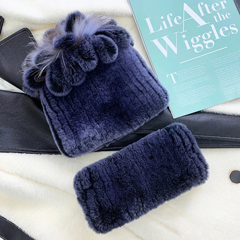 Fashion Lady Thick Rex Rabbit Fur Hat Winter Knitted 100% Natural Fur Hats Scarves Sets Women Warm Real Rex Rabbit Fur Scarves