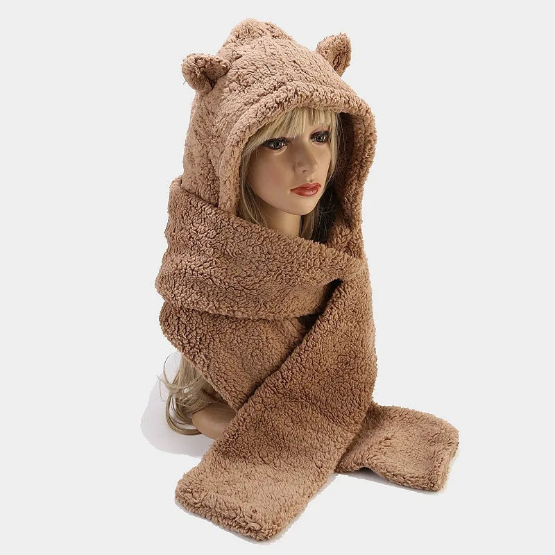 Bear Ears Warm Hat Scarf Sets Women Men Winter Lamb Wool Thick One-Piece Warm Beanies Outdoor Neck Protection Fleece Lining Suit