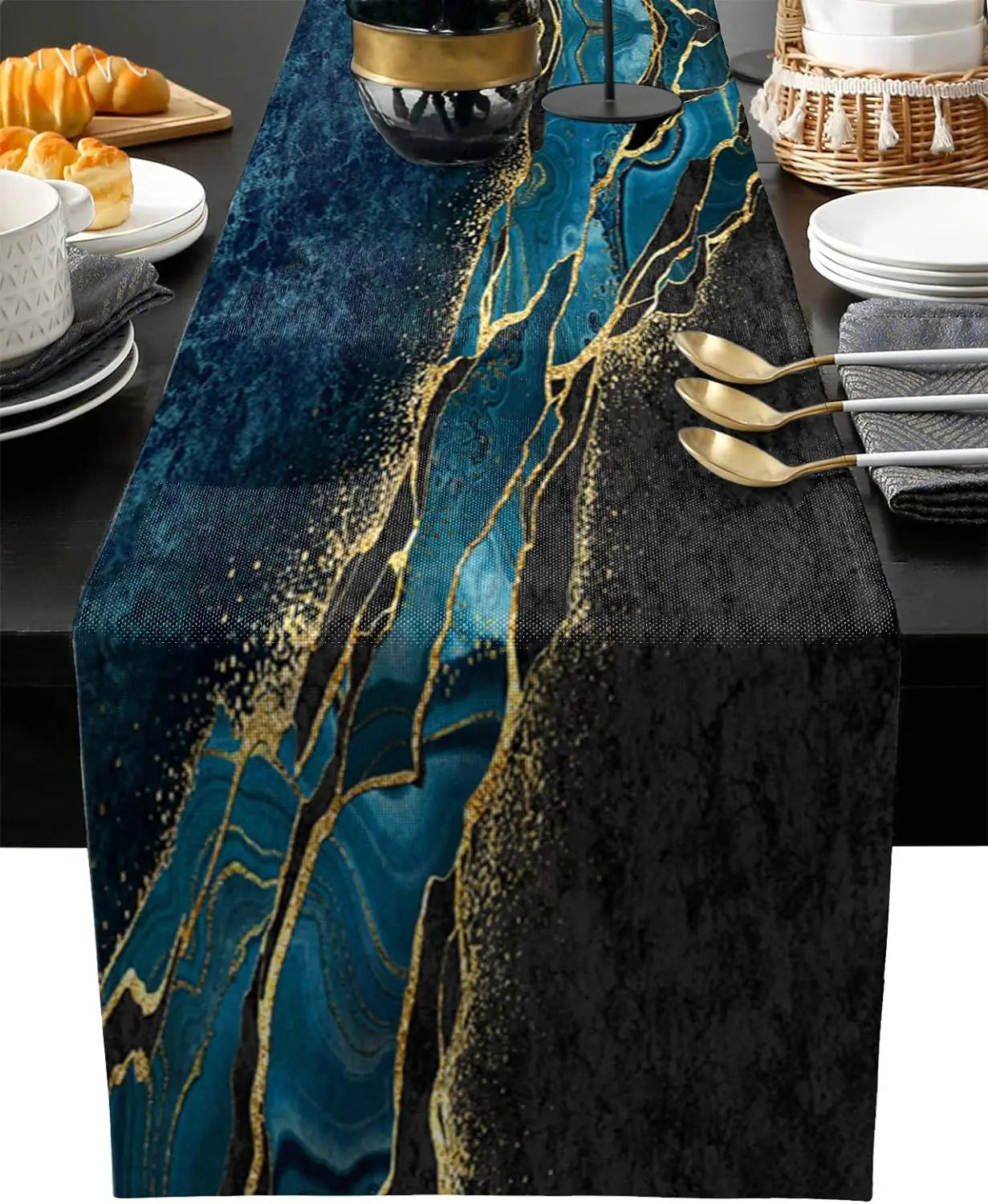 Marble Peacock Blue Linen Table Runners Modern Minimalist Black Gold Table Runner Holiday Dresser Scarves Dining Table Decor