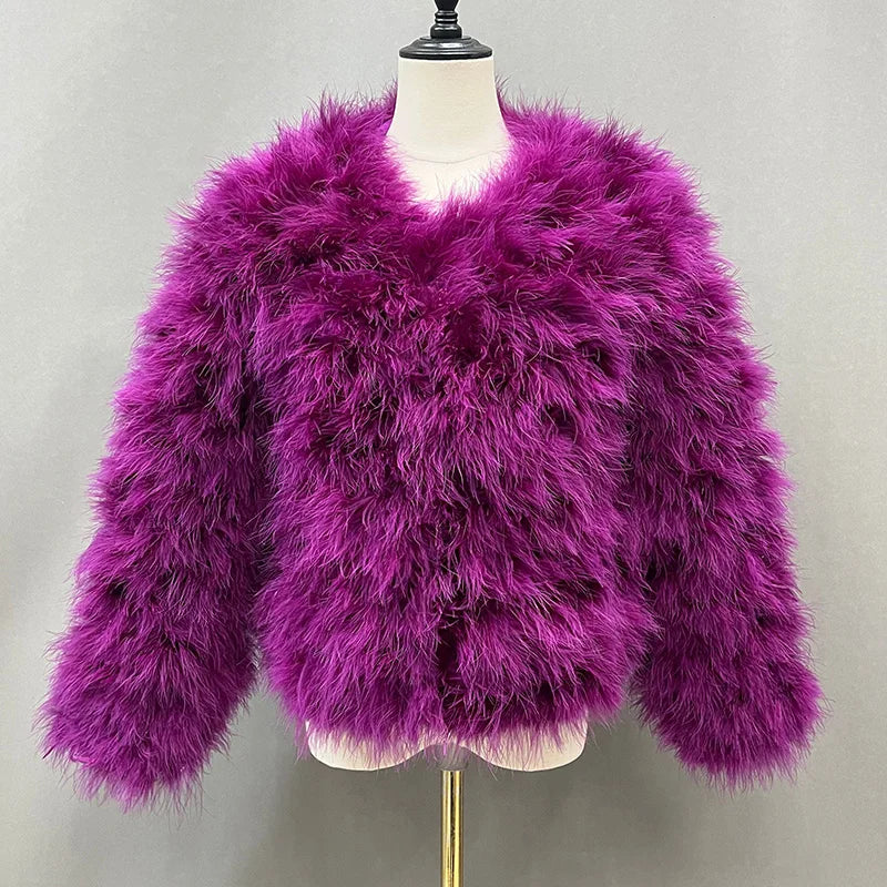 Real Ostrich Fur Feather Coat Short Jacket Furry Fluffy Party Long Sleeve Winter Women Coat Outerwear Plus Size Puffy Turkey Fur