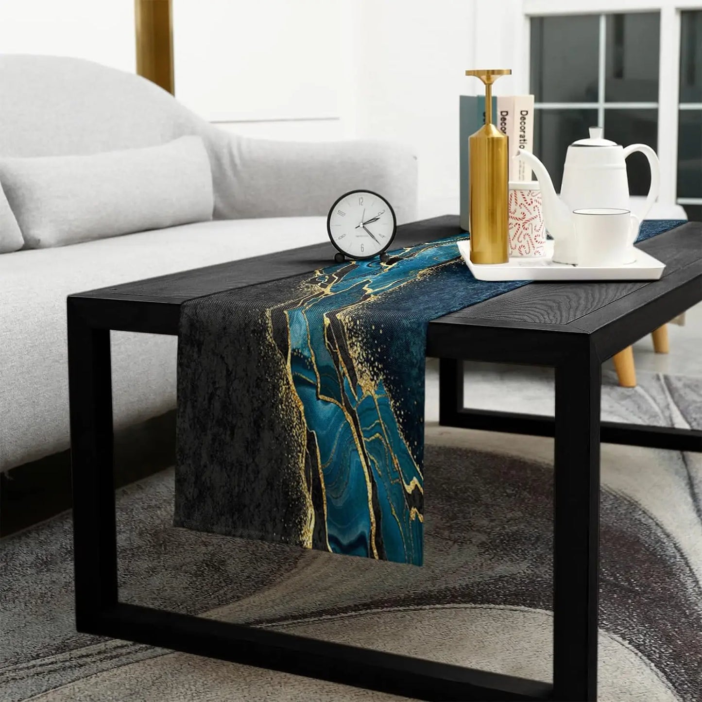 Marble Peacock Blue Linen Table Runners Modern Minimalist Black Gold Table Runner Holiday Dresser Scarves Dining Table Decor