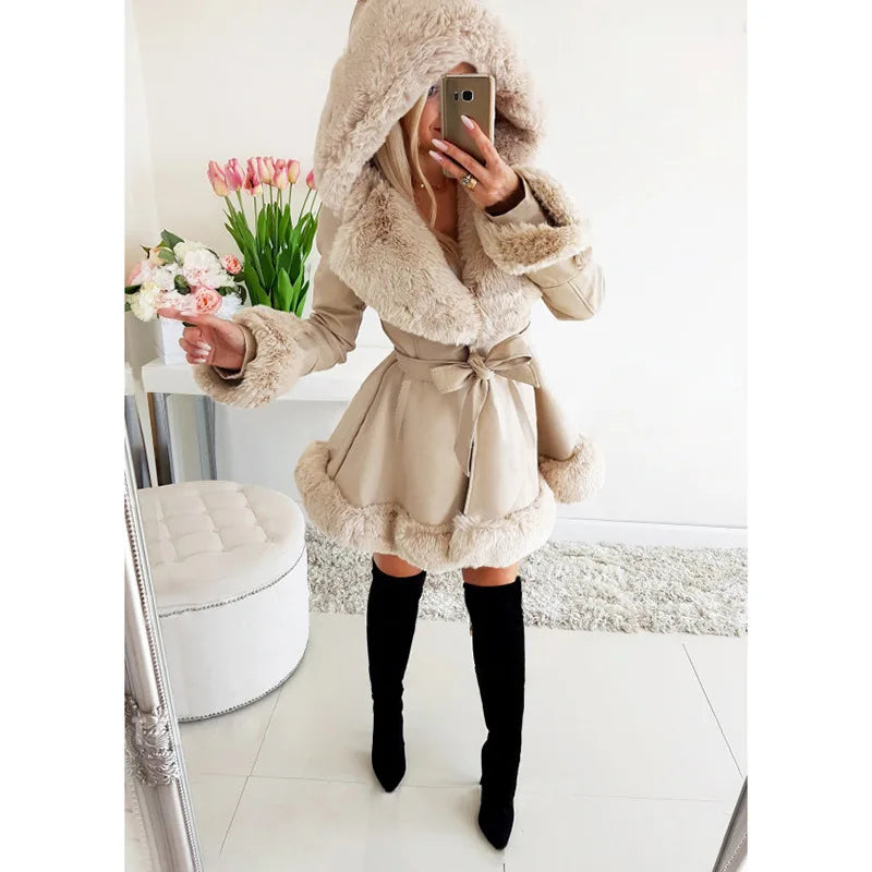 Imitation Rabbit Skin Coat With hat Women Winter Jacket Plus Size Lace-UP Waist Warm Long Jacket  High Quality Female Plush Coat