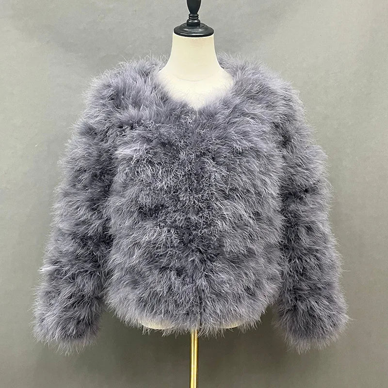 Real Ostrich Fur Feather Coat Short Jacket Furry Fluffy Party Long Sleeve Winter Women Coat Outerwear Plus Size Puffy Turkey Fur