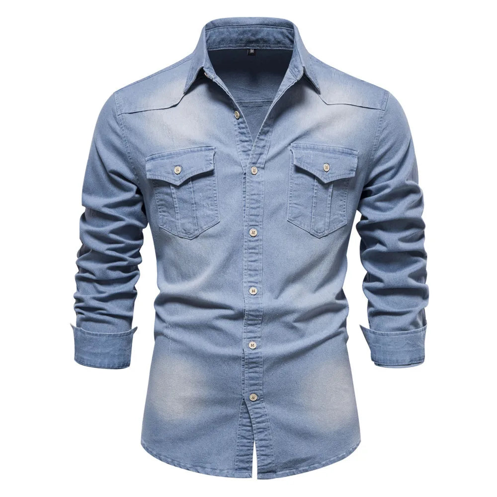 New Autumn 100% Cotton Denim Shirt Men Solid Color Long Sleeve Tops Blouse Elastic Casual Thin Jacket Slim Fit Cowboy Shirts