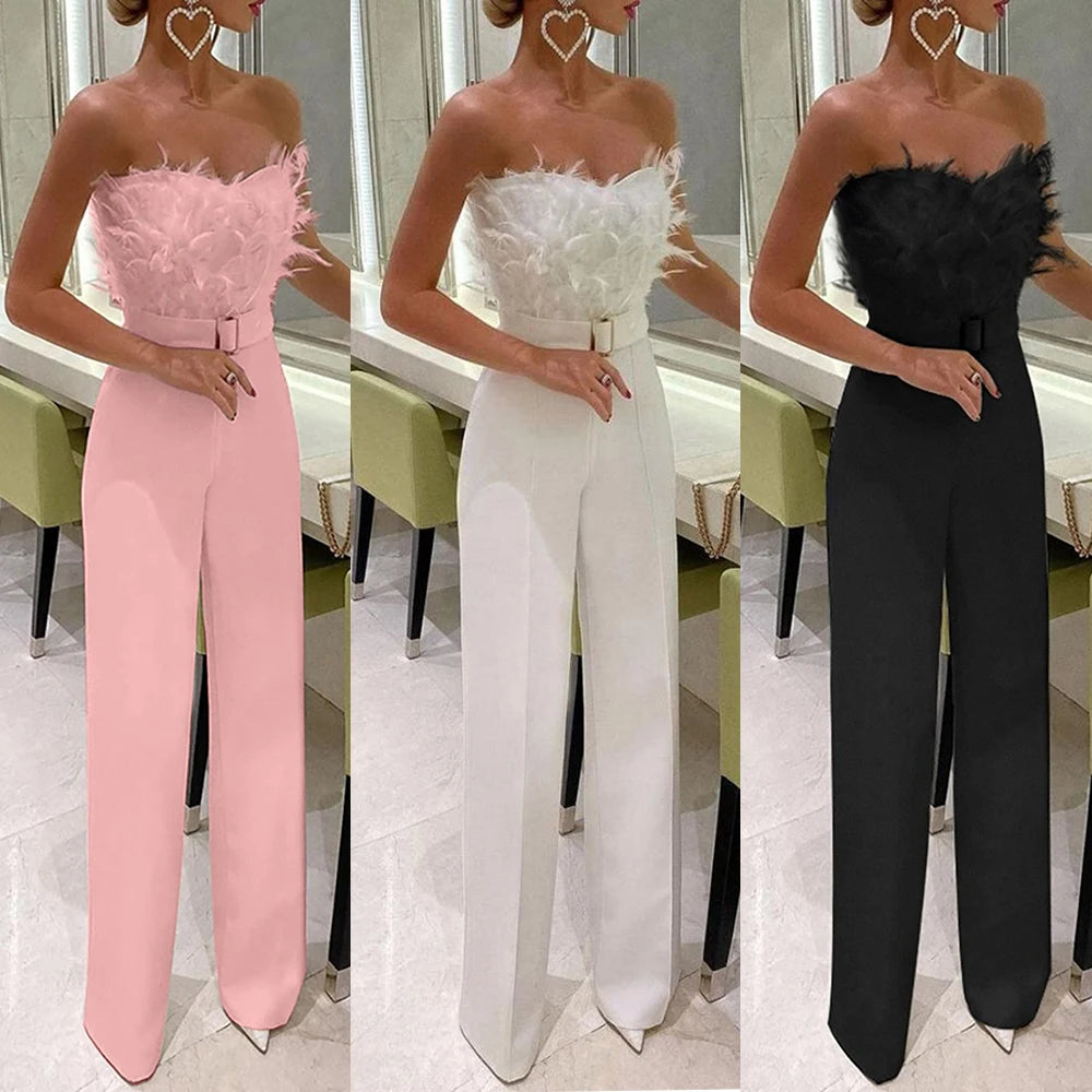 Jumpsuit for Women Fashion Solid Long Jumpsuit Sexy Feather Strapless Slash Neck Evening  Party Jumpsuits Elegant Lady Jumpsuit