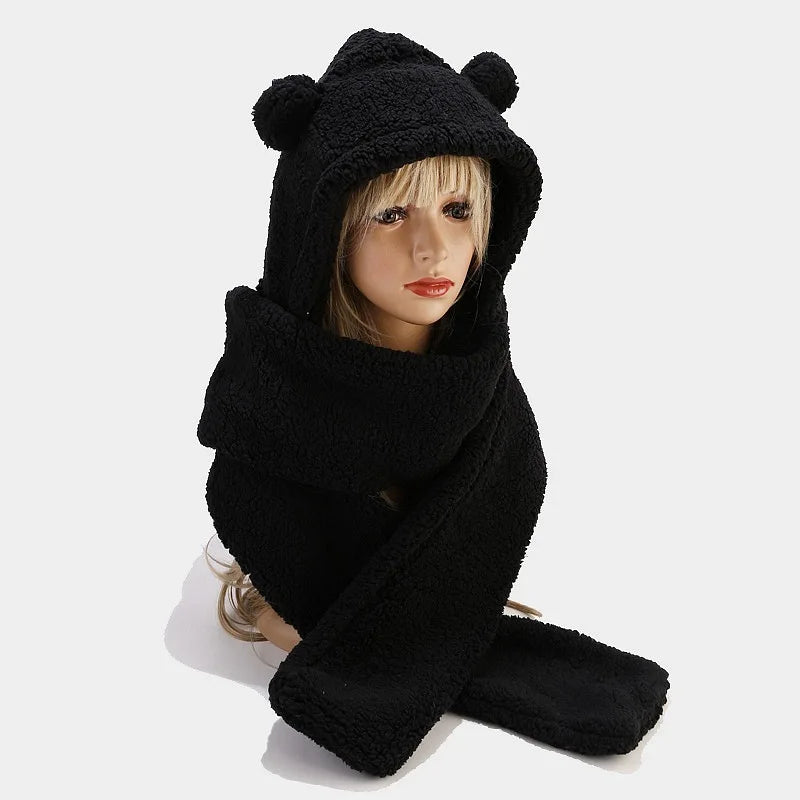 Bear Ears Warm Hat Scarf Sets Women Men Winter Lamb Wool Thick One-Piece Warm Beanies Outdoor Neck Protection Fleece Lining Suit