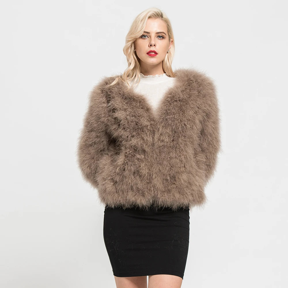 Real Ostrich Fur Feather Coat Short Jacket Furry Fluffy Party Long Sleeve Winter Women Coat Outerwear Plus Size Puffy Turkey Fur