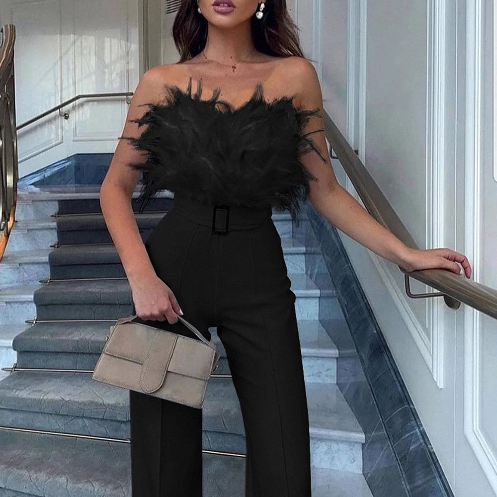 Jumpsuit for Women Fashion Solid Long Jumpsuit Sexy Feather Strapless Slash Neck Evening  Party Jumpsuits Elegant Lady Jumpsuit