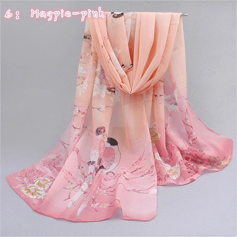 Women Chiffon Scarf Fashion Leisure Butterflies Branch Pattern Long Shawl Versatile Elegant Minimalist Retro Female Scarves