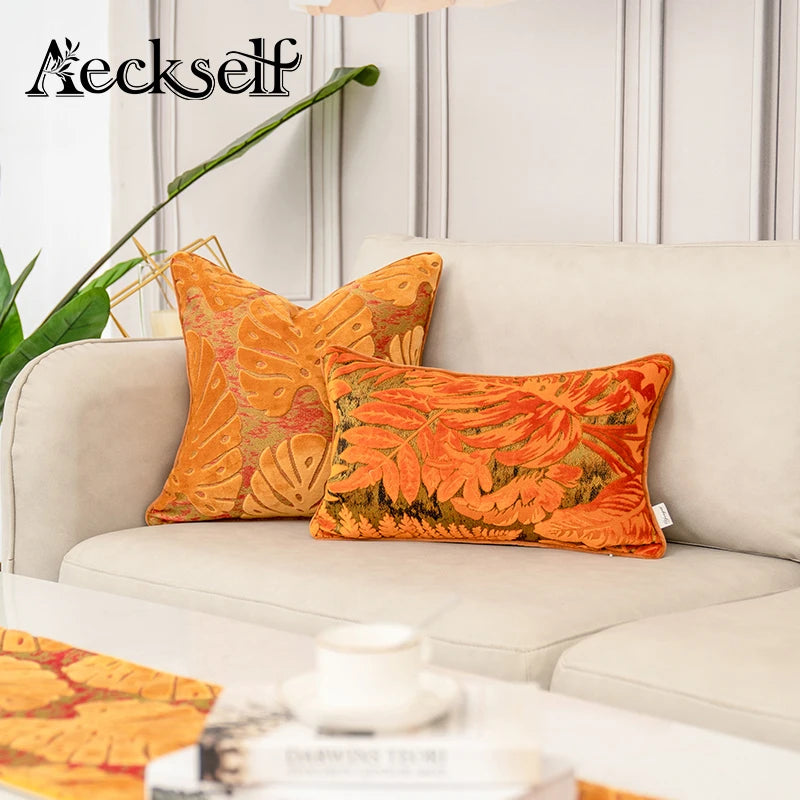 Aeckself Luxury Flowers Leaves Pattern Cut Velvet Cushion Cover Home Decor Orange Throw Pillow Case Pillowcase for Couch Bedroom