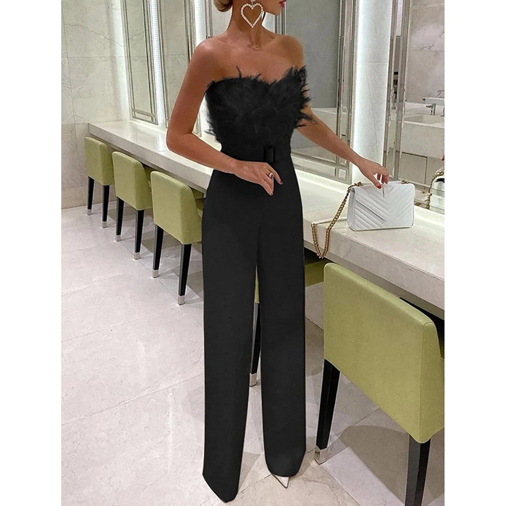 Jumpsuit for Women Fashion Solid Long Jumpsuit Sexy Feather Strapless Slash Neck Evening  Party Jumpsuits Elegant Lady Jumpsuit